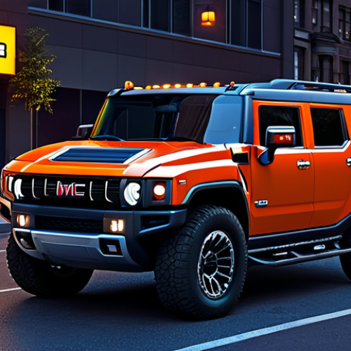 **Prompt:** A GMC Hummer EV, imposing and powerful, parked in a futuristic city street. Capture its bold, angular design with the illuminated "HUMMER" logo prominently displayed. Evening light, photorealistic rendering.