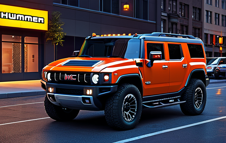 **Prompt:** A GMC Hummer EV, imposing and powerful, parked in a futuristic city street. Capture its bold, angular design with the illuminated "HUMMER" logo prominently displayed. Evening light, photorealistic rendering.