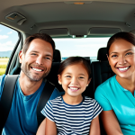 "A happy family of seven smiles inside a Chevrolet Traverse SUV, fully clothed in appropriate attire, on a sunny road trip, safe for work, perfect anatomy, correct proportions, family-friendly, professional car advertisement, high quality."