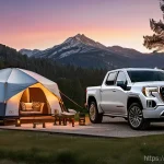 지엠 GMC 시에라 EV의 충전 시간 - **Prompt: GMC Sierra EV powering an upscale glamping site at dusk.**
    A rugged yet sleek GMC Sier...