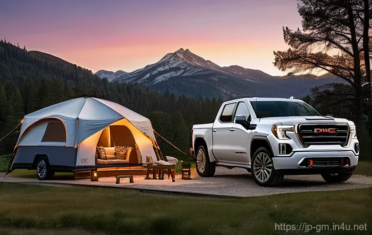 지엠 GMC 시에라 EV의 충전 시간 - **Prompt: GMC Sierra EV powering an upscale glamping site at dusk.**
    A rugged yet sleek GMC Sier...