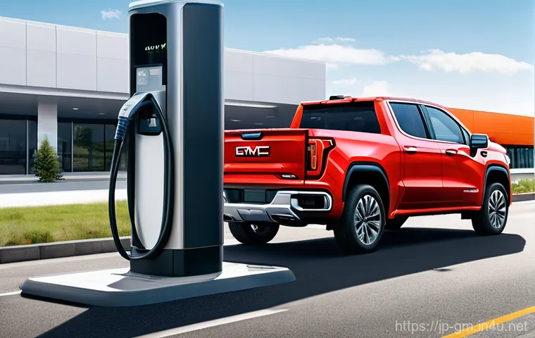 지엠 GMC 시에라 EV의 충전 시간 - **Prompt: GMC Sierra EV undergoing smart home charging on a quiet suburban night.**
    A powerful G...