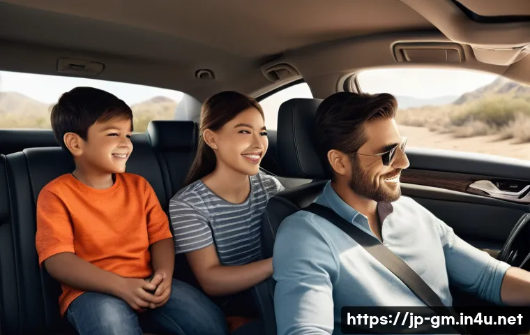 지엠 캐딜락 XT6의 실내 공간 활용 - **Prompt 1: Family enjoying a spacious and magical car interior**
    A happy, diverse family of fou...