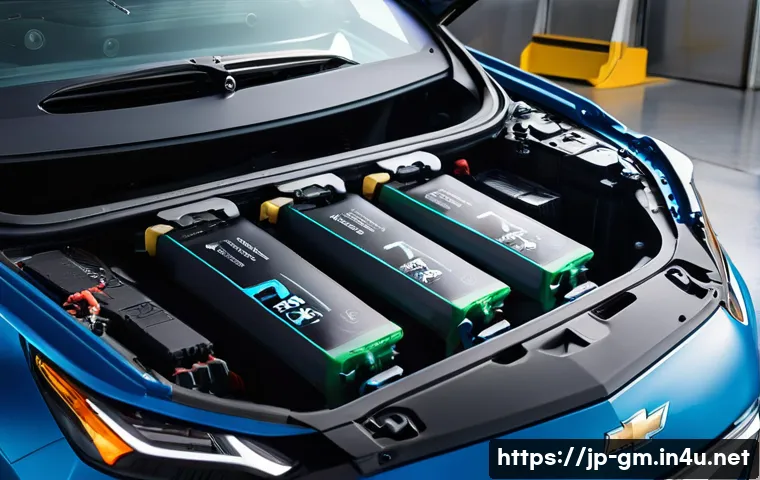 지엠 쉐보레 볼트 EV 배터리 교체 비용 - A detailed close-up of a Chevrolet Bolt EV&rsquo;s high-performance battery pack inside the car&rsquo;s chassis,...