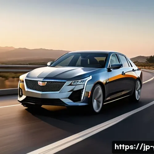지엠 캐딜락 CT5와 BMW 3시리즈 비교 - A luxurious Cadillac CT5 sedan parked on a smooth highway at sunset, showcasing its bold and powerfu...