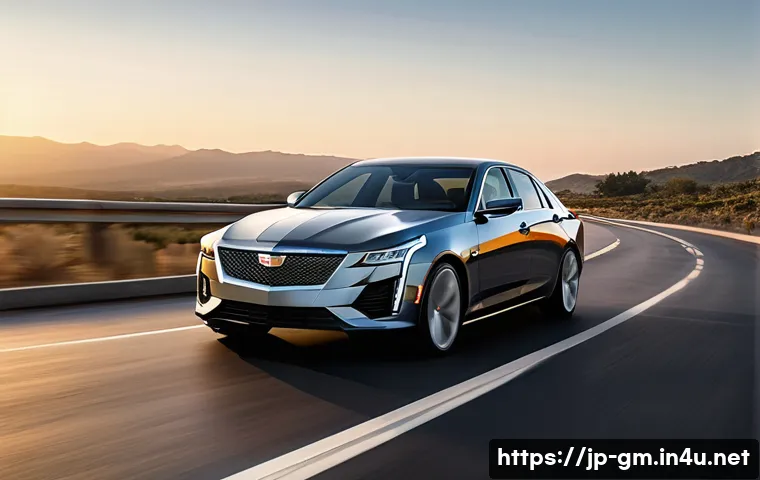 지엠 캐딜락 CT5와 BMW 3시리즈 비교 - A luxurious Cadillac CT5 sedan parked on a smooth highway at sunset, showcasing its bold and powerfu...
