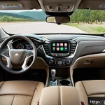 지엠 쉐보레 트래버스와 도요타 하이랜더 비교 - A spacious American SUV interior scene showcasing a Chevrolet Traverse with three rows of leather se...
