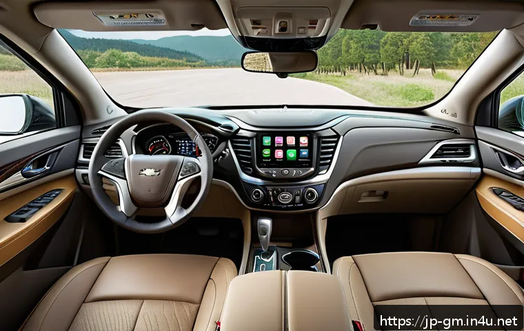 지엠 쉐보레 트래버스와 도요타 하이랜더 비교 - A spacious American SUV interior scene showcasing a Chevrolet Traverse with three rows of leather se...