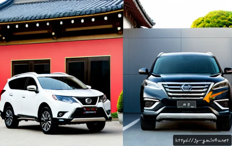지엠 쉐보레 블레이저와 기아 쏘렌토 비교 - Photorealistic side-by-side comparison of two unbranded modern midsize SUVs, a sporty low-roof cross...