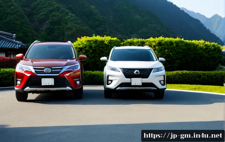 지엠 쉐보레 트레일블레이저와 현대 투싼 비교 - Photorealistic side-by-side comparison of two modern compact SUVs, a smaller sporty crossover and a ...