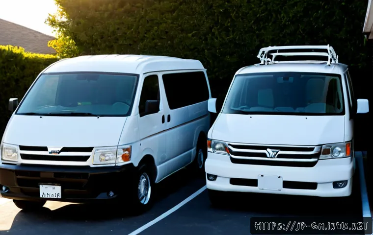 지엠 GMC 사바나 밴과 포드 트랜짓 비교 - Photorealistic side-by-side comparison of two unbranded full-size vans parked on a clean suburban dr...