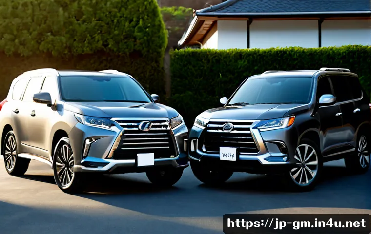 지엠 GMC 아카디아와 쉐보레 트래버스 비교 - Photorealistic side-by-side comparison of two modern three-row midsize SUVs, one compact and upscale...