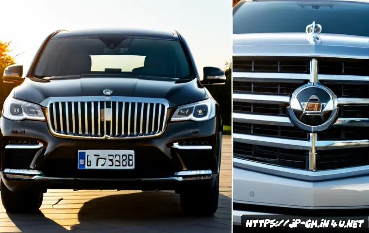 지엠 캐딜락 에스컬레이드와 링컨 내비게이터 비교 - Photorealistic side-by-side comparison of two unbranded full-size luxury SUVs, one with a bold squar...